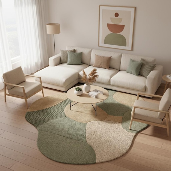 Abstract Green Beige Wool Rug, Hand Tufted Organic Decor