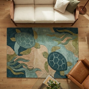 Alfombra de lana tejida a mano: diseño de tortuga de estilo moderno de mediados de siglo, alfombra costera color verde azulado.