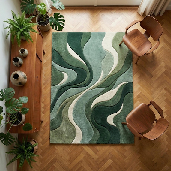 Hand Tufted Green Wave Rug | Modern Abstract Wool Area Rug | Custom Size Carpet for Living Room