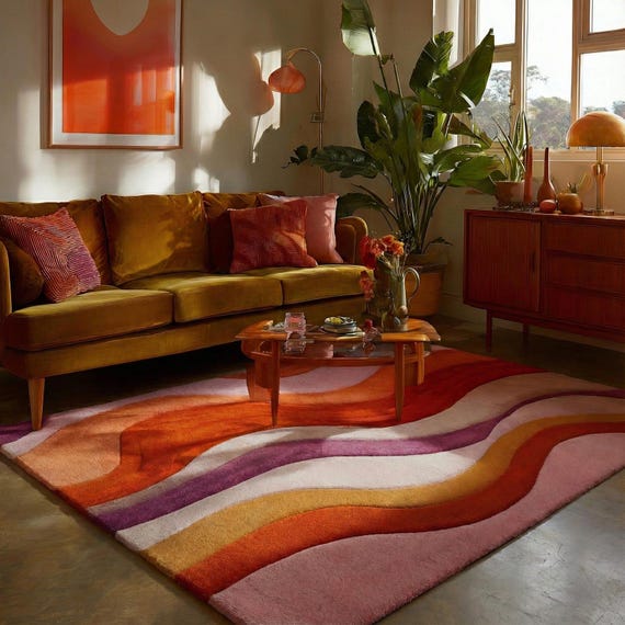 Hand Tufted Wool Area Rug Mid Century Retro Wave Abstract Design Terracotta Blush Cozy Modern Living Room Carpet 8x10 9x12 Custom