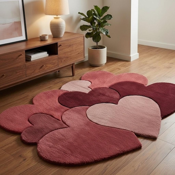 Heart Shaped Area Rug Modern Hand Tufted Wool Plush Pink Burgundy Kids Nursery Bedroom Decor Soft Cozy Carpet 8x10 9x12 Custom Size