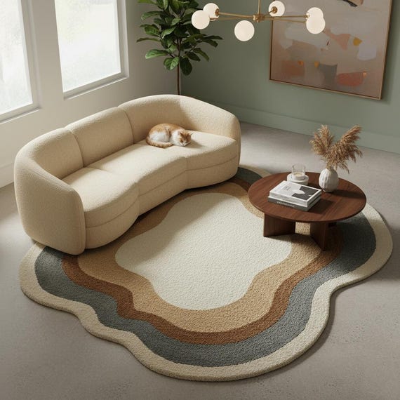 Wavy Wool Blend Rug – Hand-Tufted Abstract Area Carpet, Modern Floor Decor