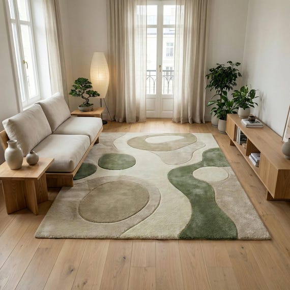 Hand Tufted Wool Area Rug Organic Modern Abstract Green Beige Luxury Plush Living Room Carpet 8x10 9x12 Custom Size