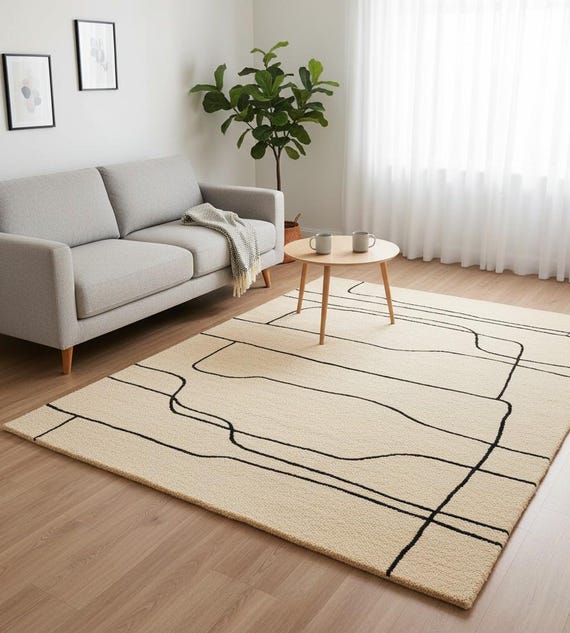 Handmade Wool Rug – Minimalist Black Line Art, Modern Beige Carpet