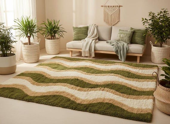 Green Wavy Wool Rug, Handmade Tufted Area Rug, Olive Beige Cream Abstract Rug, Modern Organic Wave Carpet, Custom Size Rug