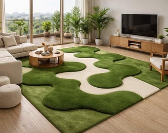 Hand Tufted Green Wool Rug, Modern Abstract Organic Carpet, Custom Size