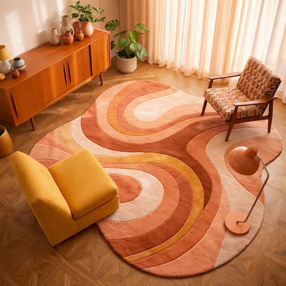 Abstract Terracotta Wool Rug, Hand Tufted Modern Area Rug, Organic Shape Carpet, Mid Century Living Room Rug, Luxury Home Decor