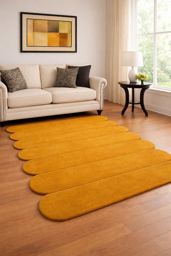 Mustard Yellow Abstract Rug, Hand Tufted Wool Area Rug, Modern Organic Shape Carpet, Minimalist Living Room Decor, Contemporary Designer Rug