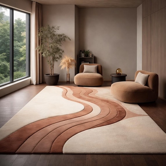 Abstract Cream Terracotta Rug, Hand Tufted Wool Area Rug, Modern Organic Shape Carpet, Luxury Living Room Rug, Neutral Home Decor
