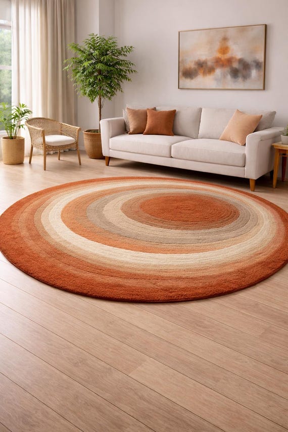 Round Rust Beige Area Rug – Hand Tufted Wool Circle Rug, Modern Minimal Boho Carpet, Living Room Bedroom Decor