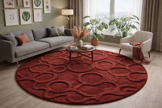 Round Hand Tufted Wool Rug, Modern 3D Carved Circle Rug, Burgundy Abstract Area Rug, Luxury Living Room Carpet, Custom Size Rug