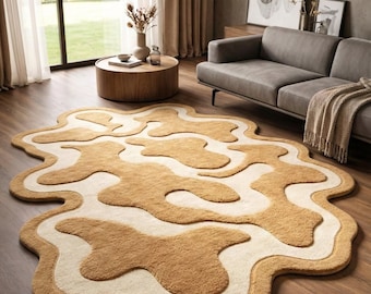 Hand Tufted Wool Rug, Modern Abstract Wavy Plush Carpet