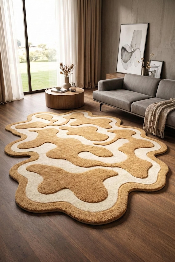 Organic Abstract Hand Tufted Wool Rug, Modern Neutral Area Rug for Living Room, Wavy Shape Plush Carpet