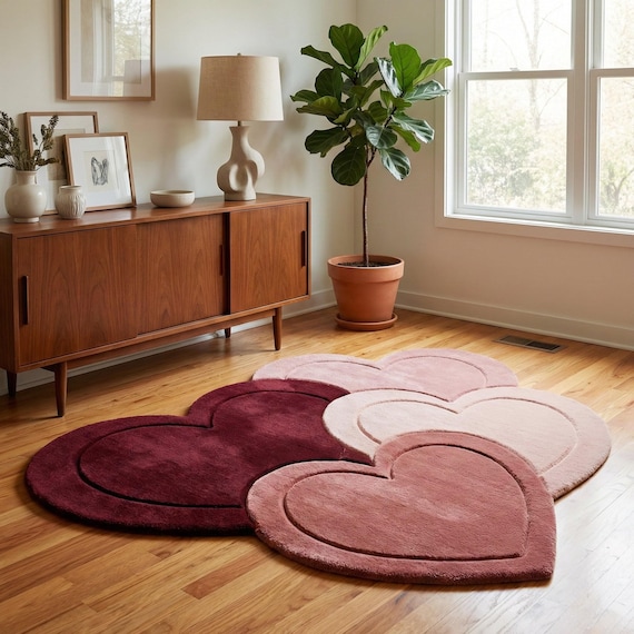 Heart Shaped Wool Area Rug Modern Plush Hand Tufted Pink Burgundy Nursery Bedroom Decor Soft Cozy Carpet 8x10 9x12 Custom Size