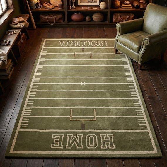 Hand‑Tufted Wool Football Field Rug, Vintage Green Sports Area Rug, Kids and Living Room Decor, Custom Size & Color
