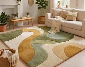 Hand Tufted Wool Rug, Abstract Wave Carpet, Sage Green Earthy Living Room Rug