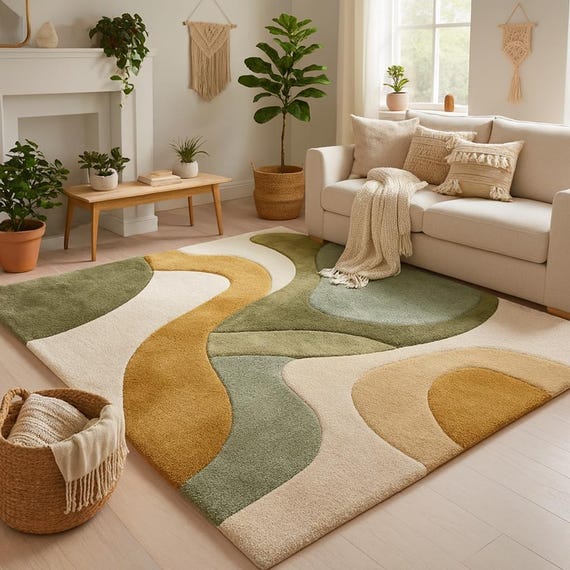 Abstract Green Beige Wool Rug, Modern Organic Shape Area Rug, Hand Tufted Luxury Carpet for Living Room Bedroom Home Decor