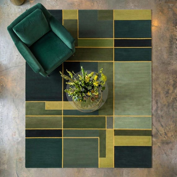 Hand Tufted Geometric Wool Rug | Green Abstract Modern Area Rug | Olive Grid Designer Carpet | Custom Size Rug
