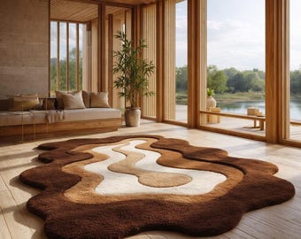 Hand Tufted Wool Area Rug, Brown Beige Abstract Wavy Carpet