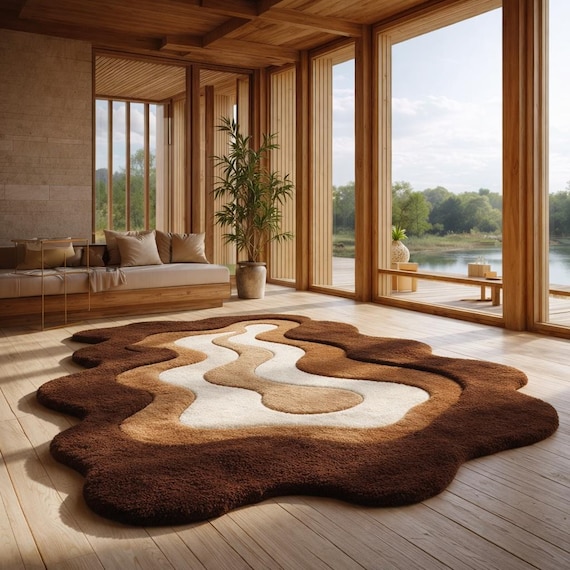 Hand Tufted Wavy Rug, Brown Beige Abstract Area Rug, High Low Textured Wool Carpet, Modern Living Room Floor Rug