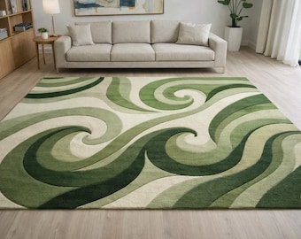 Hand Tufted Wool Rug – Green Abstract Wave, Modern Organic Decor