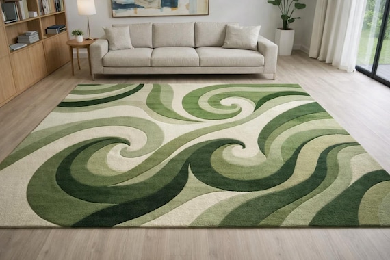 Hand Tufted Wool Rug – Green Abstract Wave, Modern Organic Decor