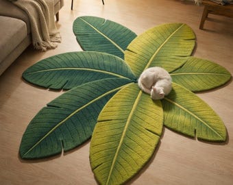 Hand Tufted Wool Rug, Tropical Banana Leaf Shape, Green Carpet