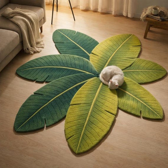 Banana Leaf Shape Rug, Hand Tufted Green Wool Carpet, Tropical Leaf Area Rug, Unique Living Room Floor Rug