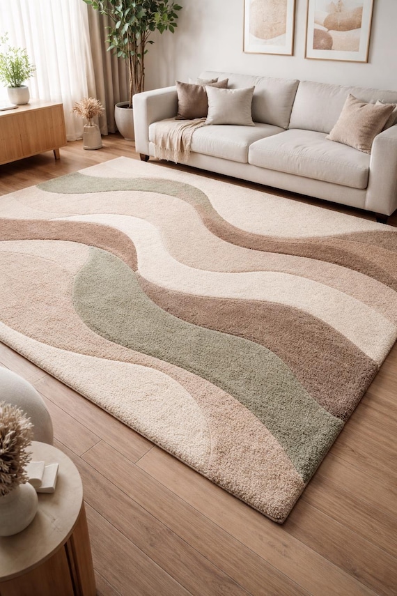 Neutral Abstract Wave Wool Rug | Hand Tufted Modern Area Rug | Minimal Organic Design Carpet for Living Room Bedroom