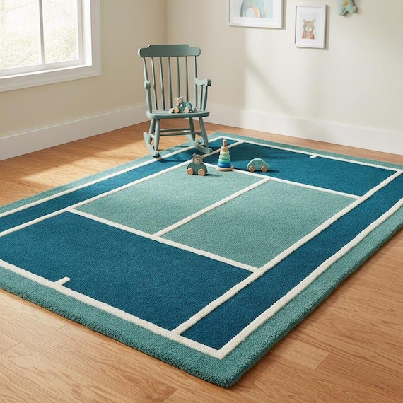 Hand Tufted Wool Area Rug Modern Geometric Tennis Court Design Teal Blue Soft Plush Kids Playroom Decor Carpet 6x9 8x10 Custom
