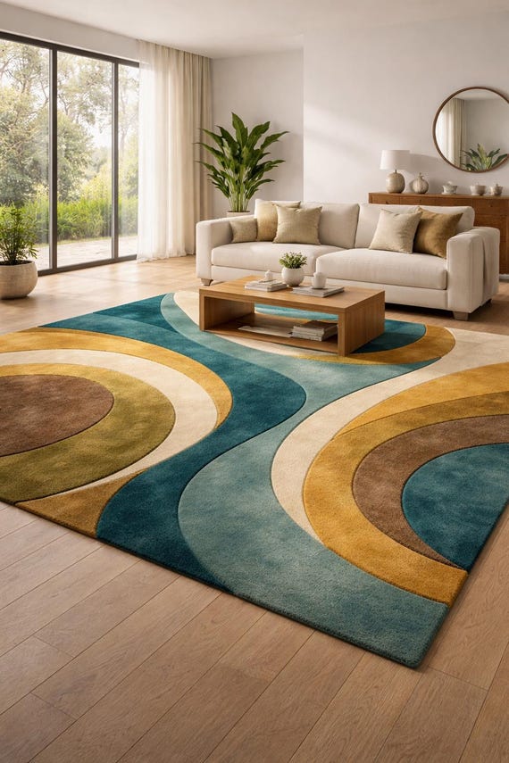 Hand Tufted Wool Area Rug 8x10, Modern Abstract Wave Rug, Luxury Handmade Carpet for Living Room Bedroom Home Decor