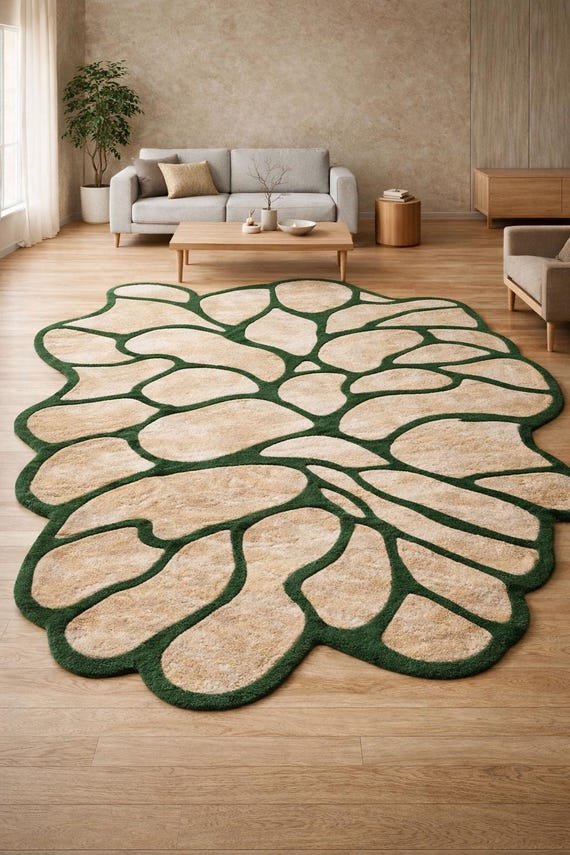 Organic Leaf Shaped Green & Beige Hand Tufted Rug – Modern Abstract Wool Area Rug for Living Room, Bedroom, Scandinavian Home Decor