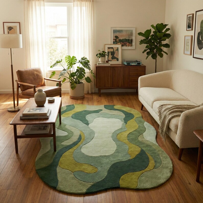 Organic modern hand-tufted wool rug in layered green abstract shapes with sculptural edges, styled in a warm minimalist living room.