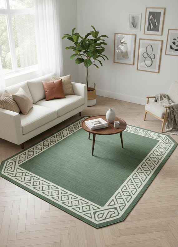 Hand Tufted Wool Rug, Sage Green Geometric Border, Modern Minimalist Carpet