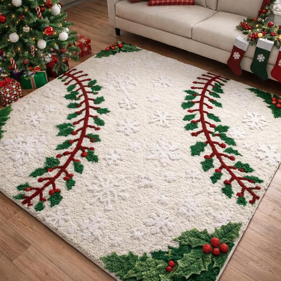 Hand Tufted Christmas Area Rug, White Holiday Rug with Holly Pattern, Festive Wool Carpet for Cozy Living Room Decor