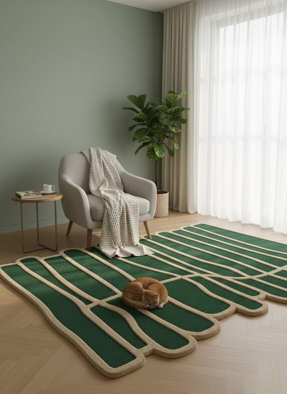 Modern Hand-Tufted Wool Rug | Forest Green & Beige Organic Line Design by Crafted Threads Rugs