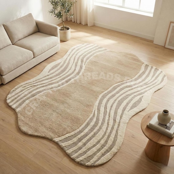 Handmade Organic Wool Rug – Modern Abstract Design, Neutral Beige