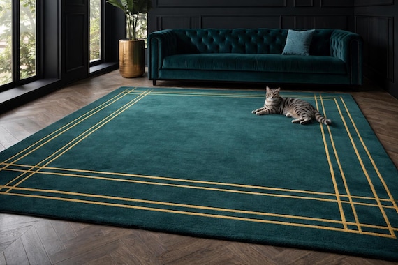Hand Tufted Geometric Area Rug, Teal Green Modern Rug with Gold Line Design, Luxury Wool Carpet for Living Room