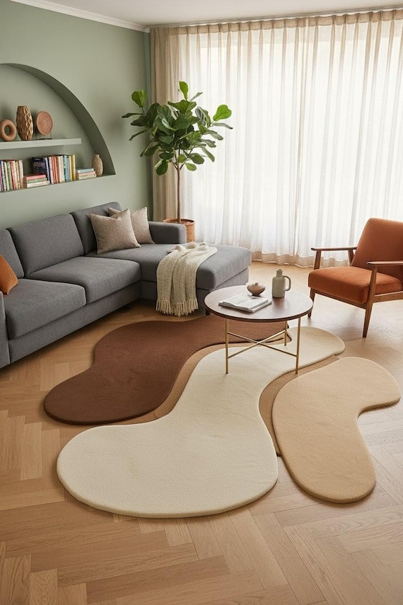 Hand-Tufted Wool Rug | Neutral Beige & Brown Wave Design by Crafted Threads Rugs