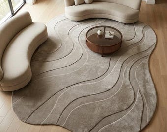 Hand-Tufted Fluid Wave Rug – Greige NZ Wool, Minimalist Abstract Area Carpet