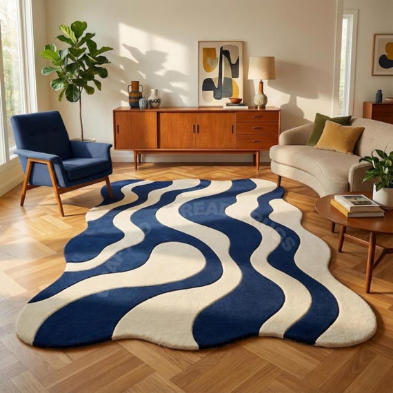 Hand-Tufted Wool Rug, Abstract Blue Cream Waves, Irregular Shape