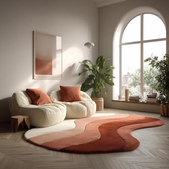 Modern Abstract Shaped Rug, Wavy Wool Area Rug in Beige Terracotta, Aesthetic Living Room Carpet Home Decor