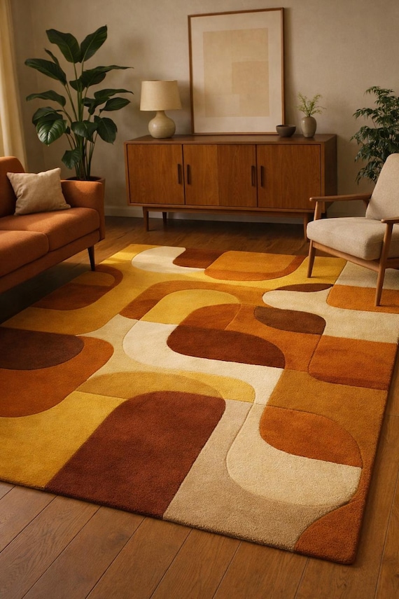 Hand Tufted Wool Area Rug – Retro Geometric, Mustard Rust