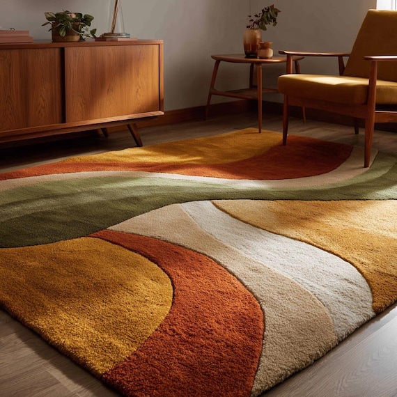 Modern Abstract Area Rug, Retro Wavy Carpet in Mustard Green Terracotta, Aesthetic Living Room Home Decor