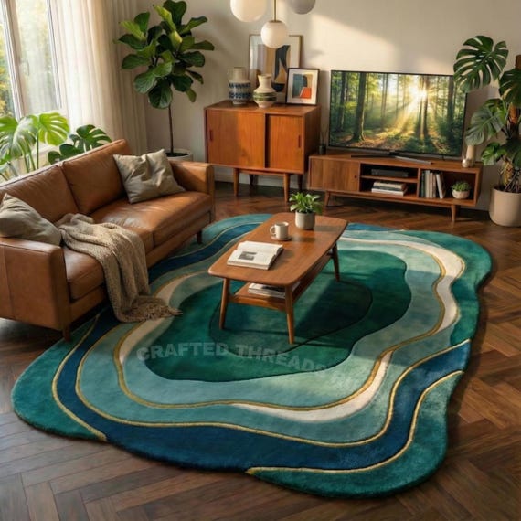 Abstract Organic Wool Rug, Teal Blue Green, Modern Area Carpet
