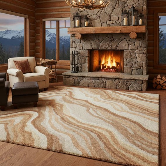 Hand Tufted Wool Area Rug Abstract Wave Design Beige Tan Luxury Plush Carpet Modern Living Room 8x10 9x12 Custom