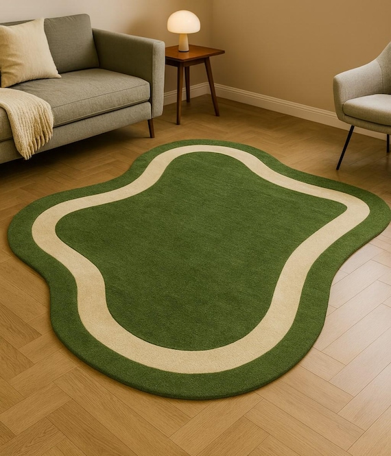 Luxury Organic Shape Rug, Modern Sculptural Green Wool Area Rug, Designer Abstract Carpet for Stylish Interiors
