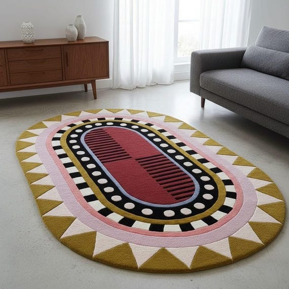 Geometric Oval Wool Rug, Modern Abstract Design, Hand-Tufted
