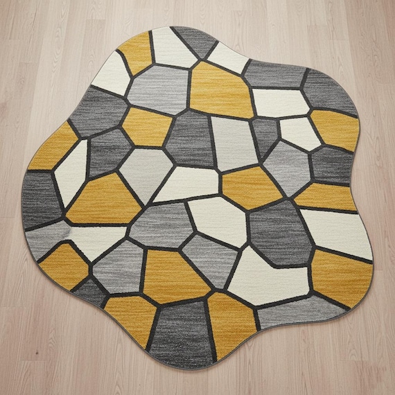 Hand-Tufted Wool Rug: Modern Geometric Yellow Grey Abstract Carpet crafted threads