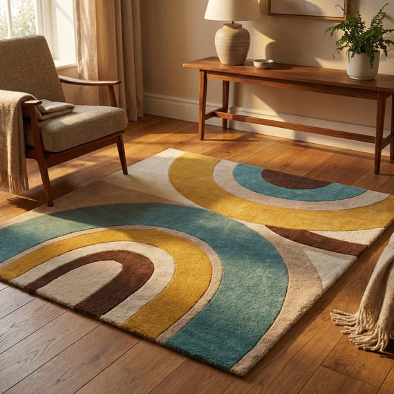 Mid Century Modern Area Rug Hand Tufted New Zealand Wool Abstract Arch Design Teal Mustard Plush Living Room Rug 8x10 9x12 Custom Size